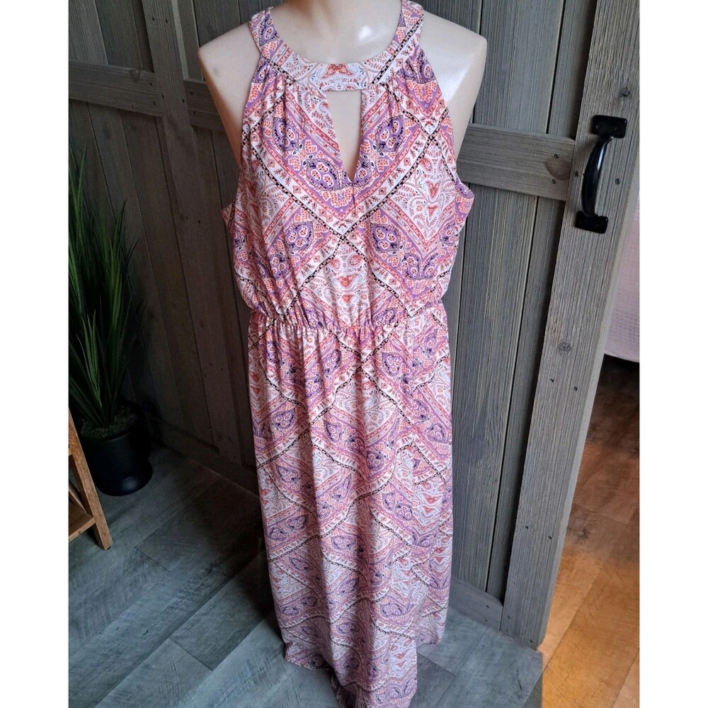 Q & A Medium Maxi Dress Pastel Orange Purple Paisley Summer Sleeveless Boho